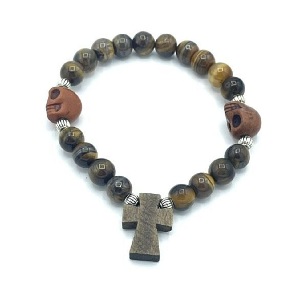 Crystal beaded stretch bracelet ONE NEW yellow tiger eye cross skull reiki medit
